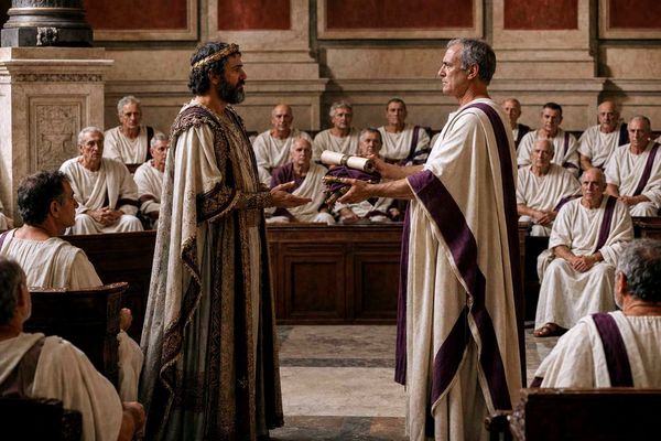 A possible representation of the Roman Senate formally presenting royal recognition to a dignified allied king. 