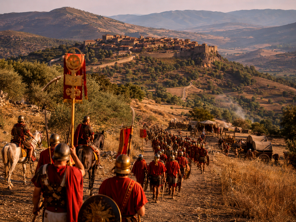 A possible representation of Roman forces advancing through the Italian countryside during the Social War.