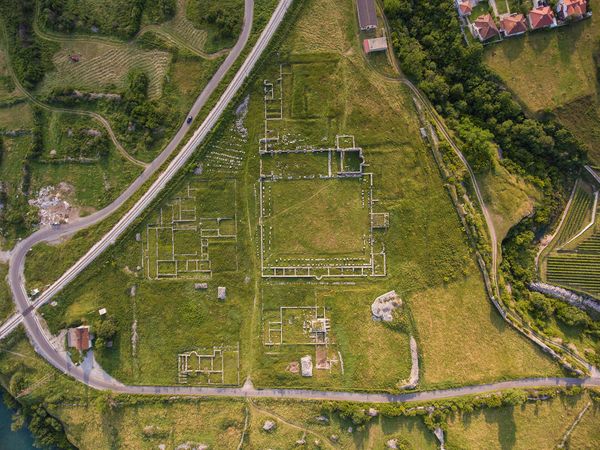 Aerial view of the excavated ruins and landscape at Roman Doclea near Podgorica, Montenegro.