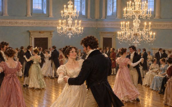Regency-style painting of an imagined Jane Austen in an ivory gown dancing with a partner beneath the chandeliers of Bath Assembly Rooms’ Ball Room.