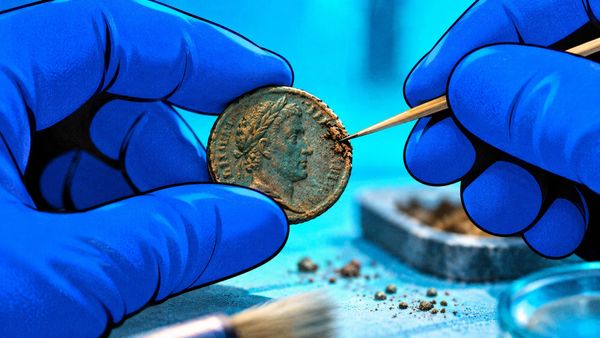 Editorial illustration of blue-gloved hands examining a patinated Roman-style bronze coin with a wooden pick.