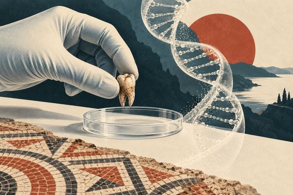 Conceptual illustration of a gloved hand holding a tooth over a sample dish, beside a stylised DNA helix and Roman mosaic.