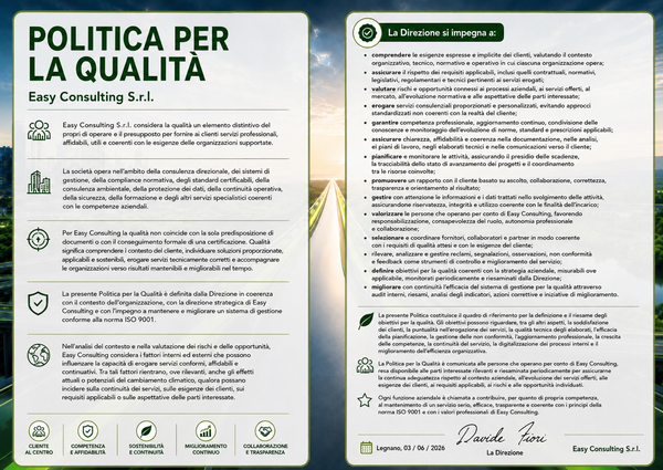 📢 Abbiamo pubblicato la nuova Politica per la Qualità di Easy Consulting S.r.l.