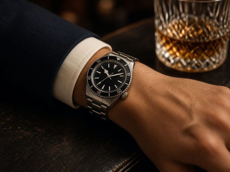 A steel dive watch on the wrist, whiskey at hand