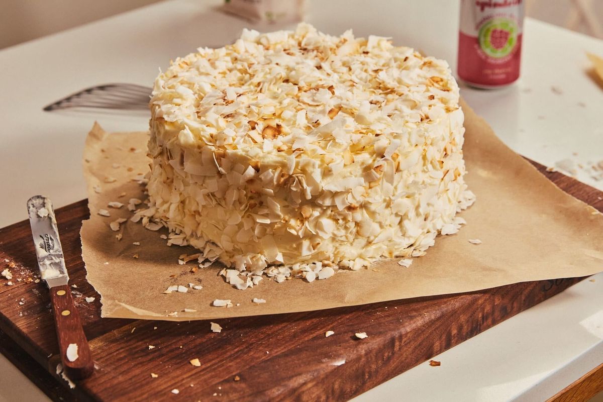 A gorgeous, tall, fluffy coconut cake
