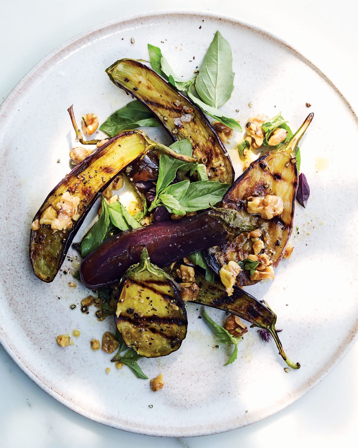 Grilled Eggplant Dressed with Garlicky Walnuts and Lots of Basil