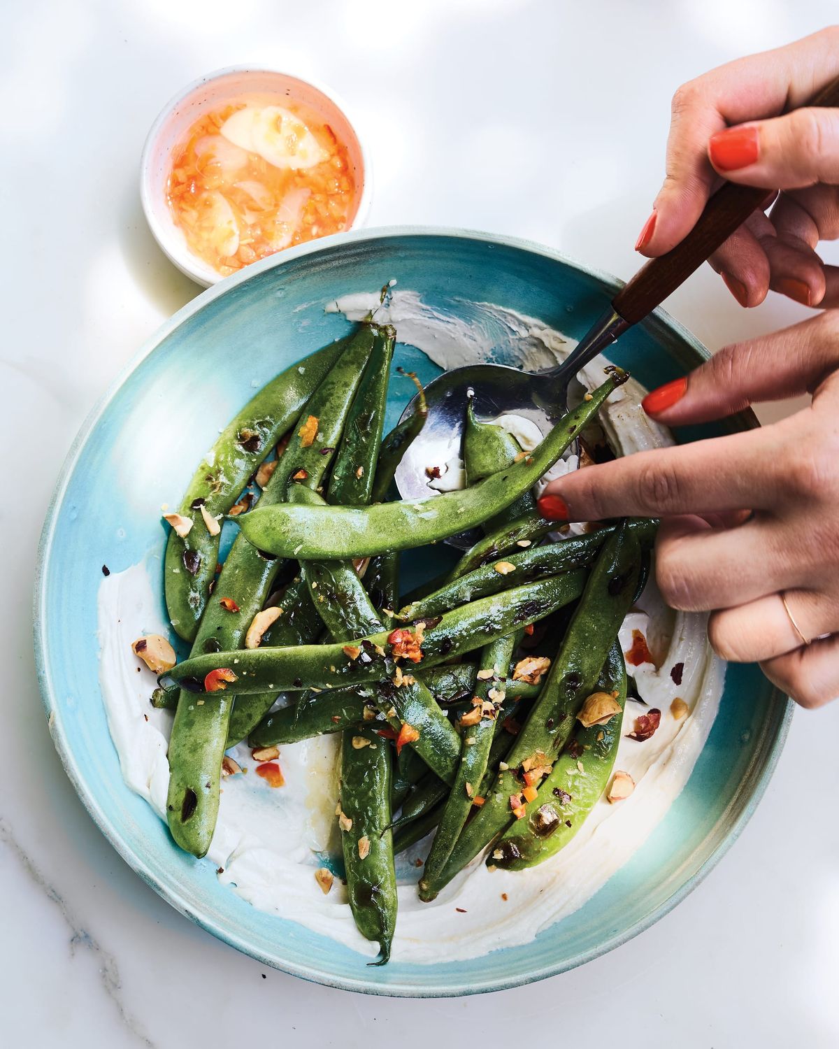 Blistered Green Beans with Creamy Tahini and Fresh Hot Sauce
