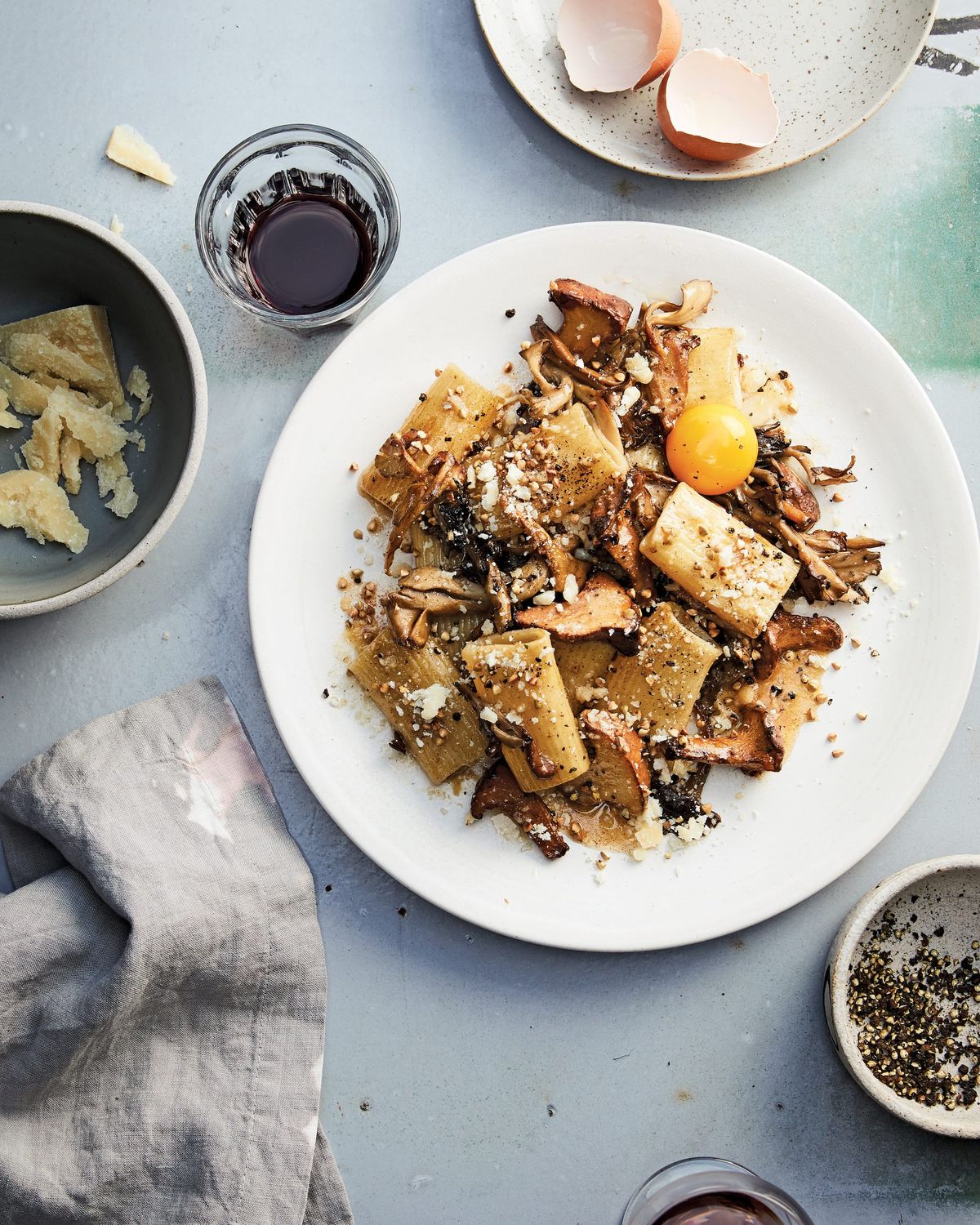 Whole-Wheat Pasta with Brown-Buttered Mushrooms, Buckwheat, and Egg Yolk