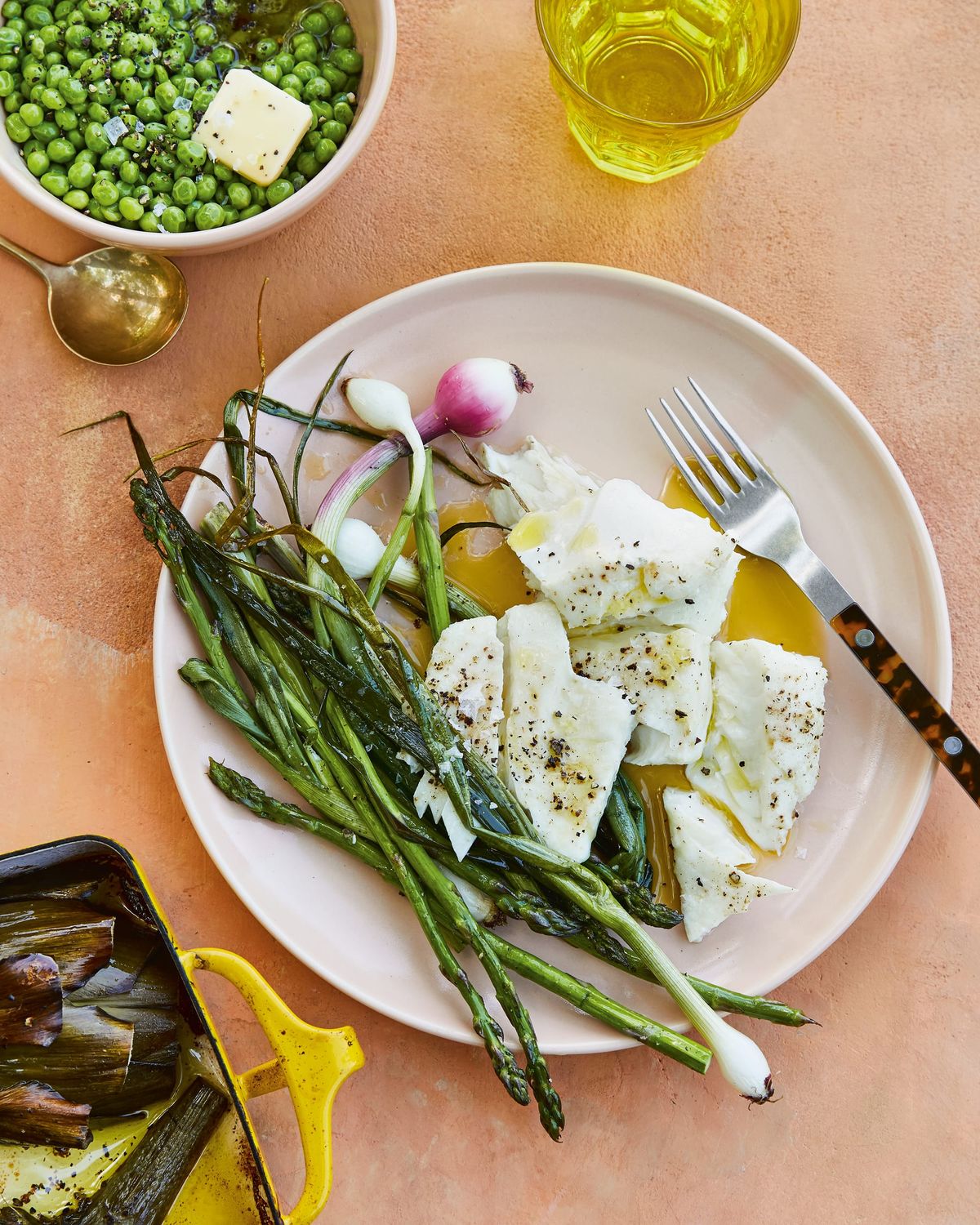 Halibut with Asparagus and Brown-Buttered Peas