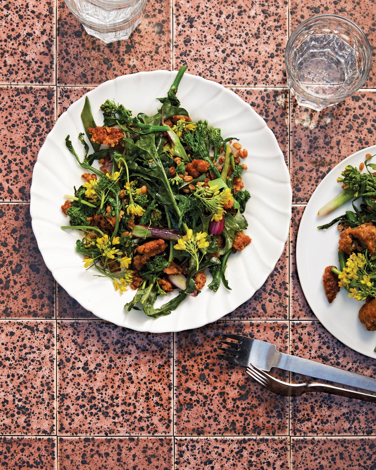 Spelt with Crispy Sausage, Flowering Broccoli, and Green Garlic