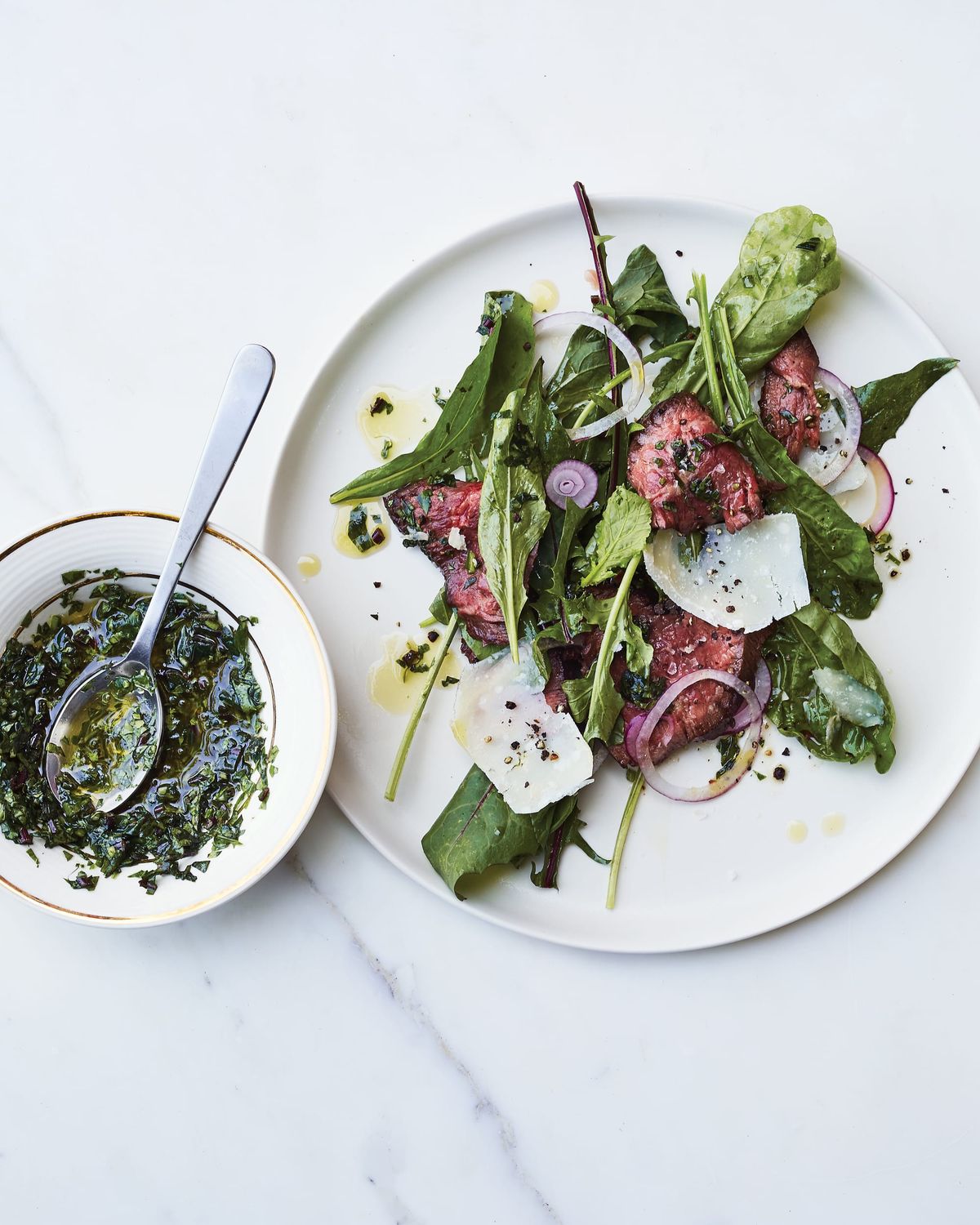 Hanger Steak with Dandelion, Arugula, and Grana Padano