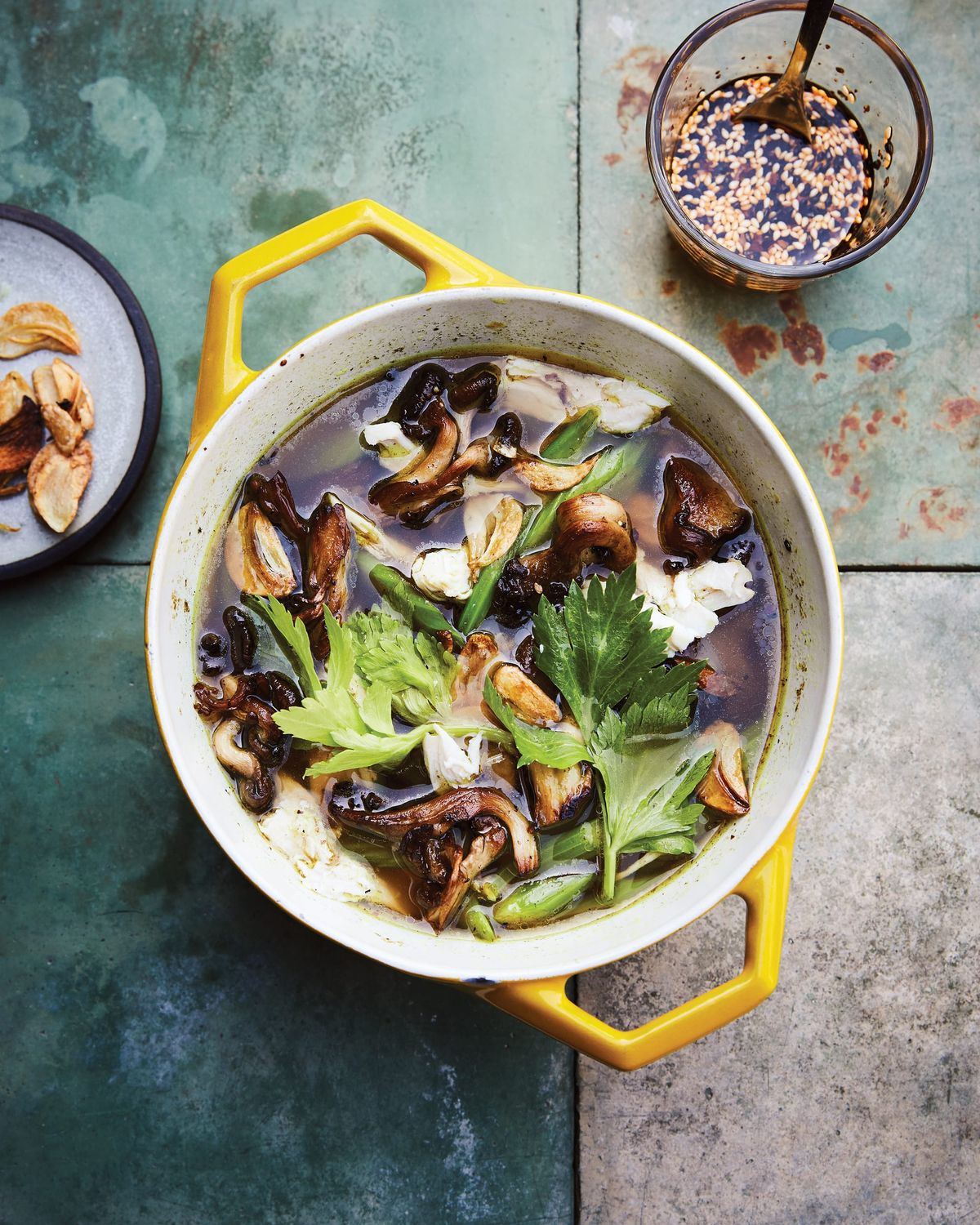 Chicken Soup with Toasted Garlic, Mushrooms, and Celery