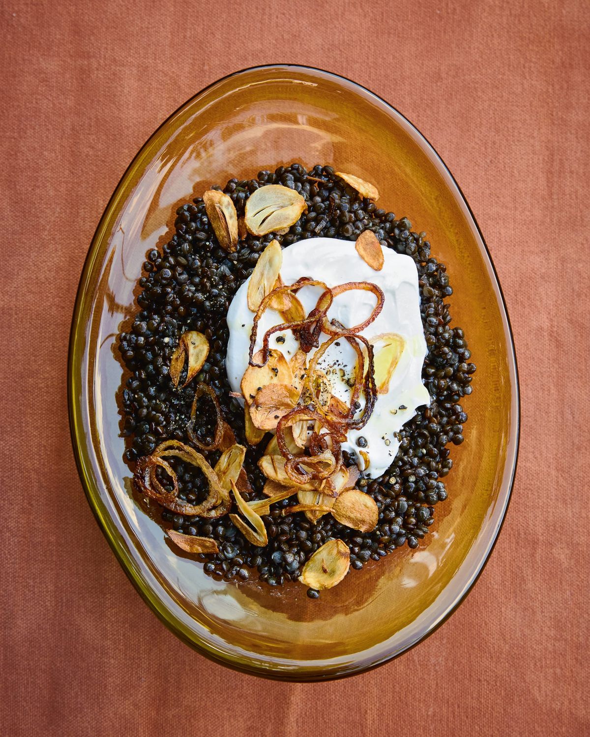 Black Lentils with Crispy Garlic and Labne