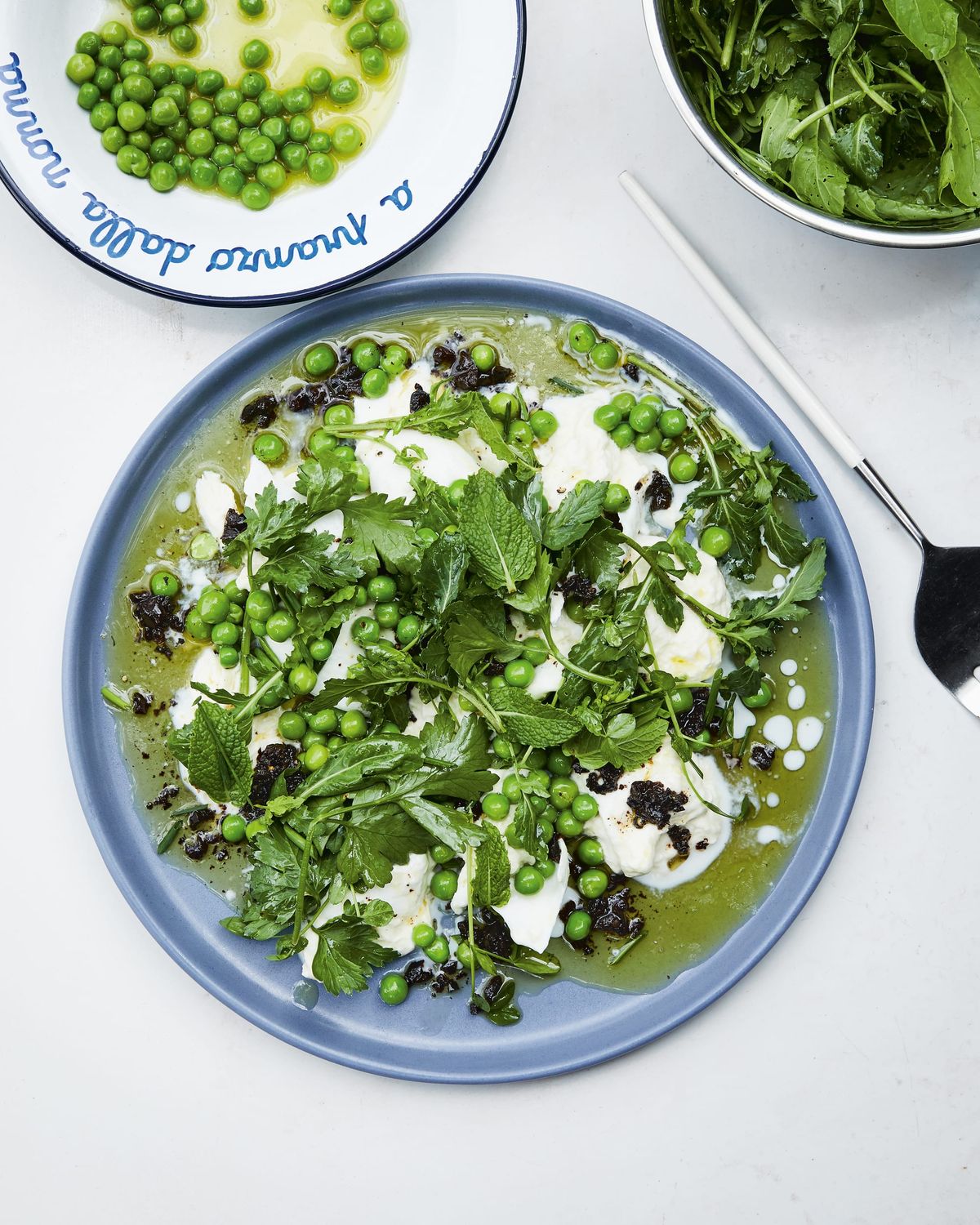 Crushed Peas with Burrata and Black Olives