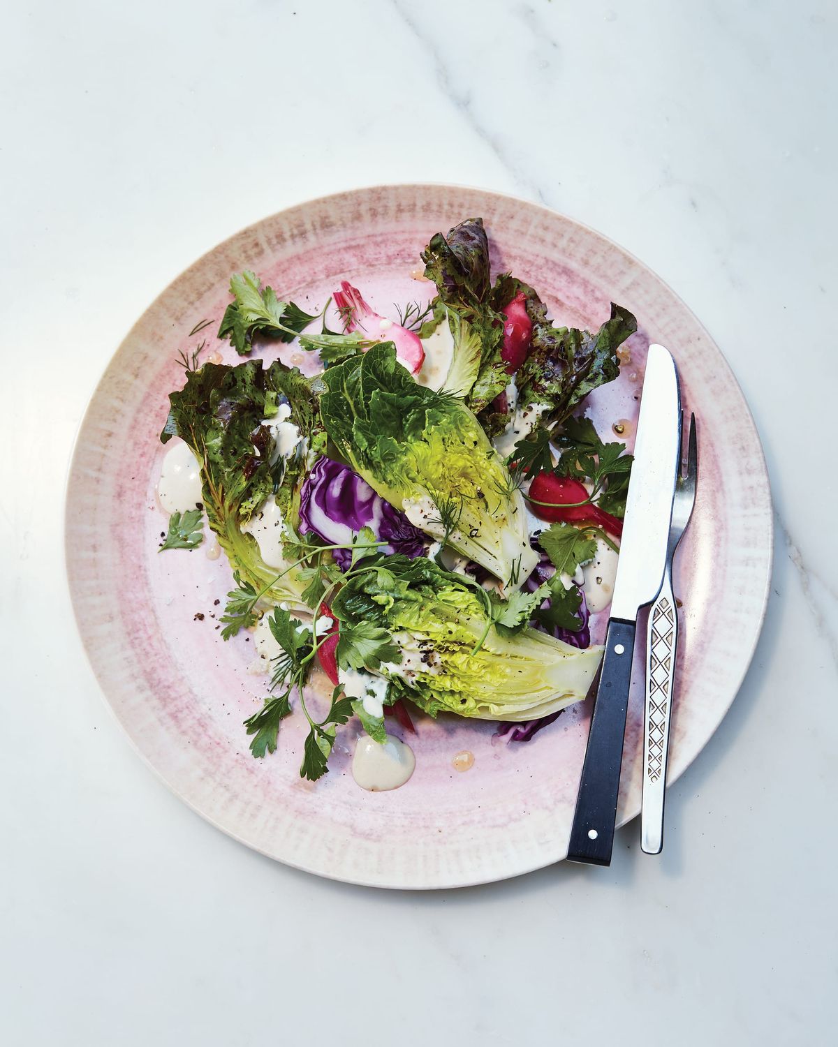 Little Gems and Cabbage with Pickled Turnips and Lemony Tahini Dressing