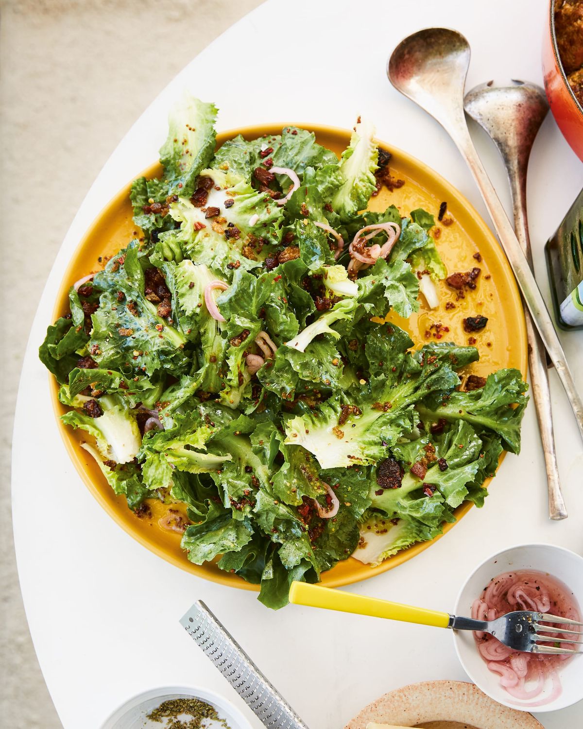 Escarole with Mustard and Spicy Guanciale Bread Crumbs