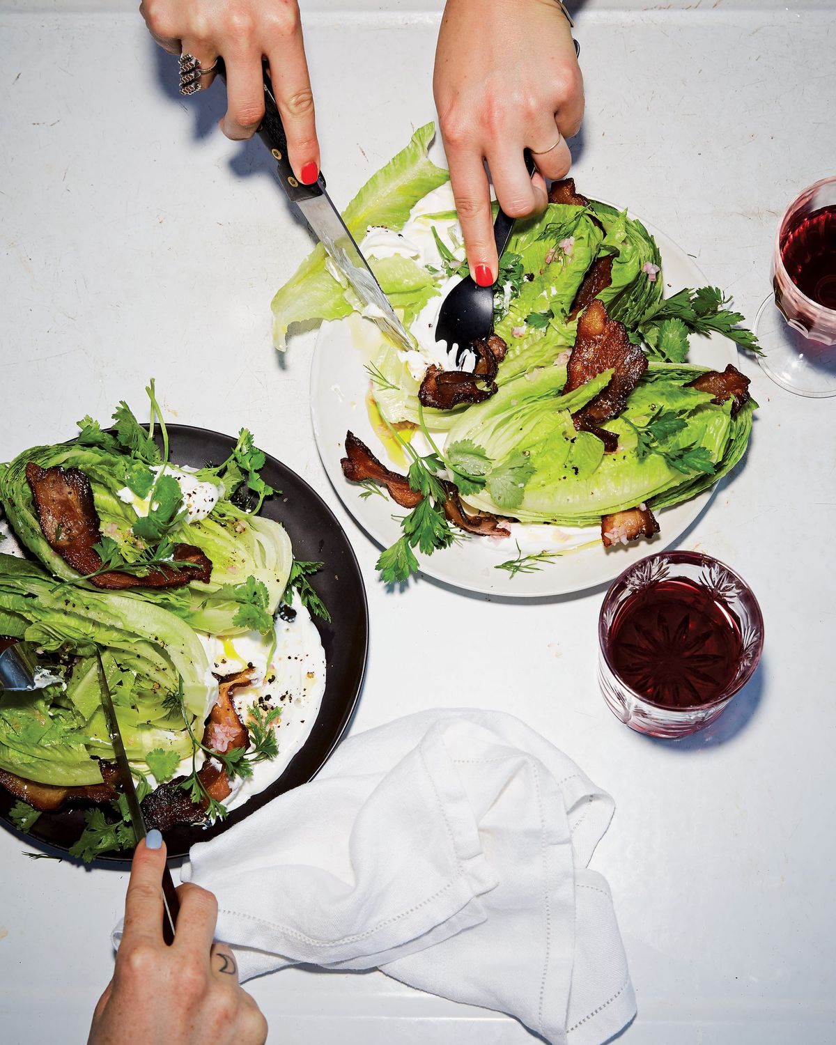 Vinegared Romaine with Sour Cream, Bacon, and Herbs