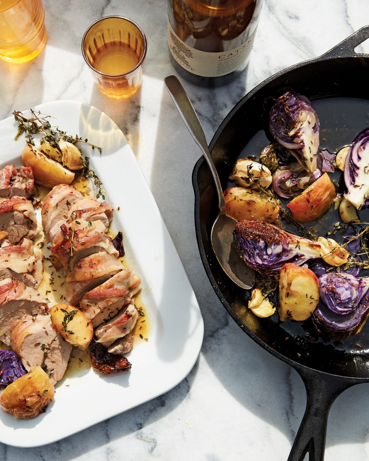 Bacon-Roasted Pork Tenderloin with Caraway’d Cabbage and Apples