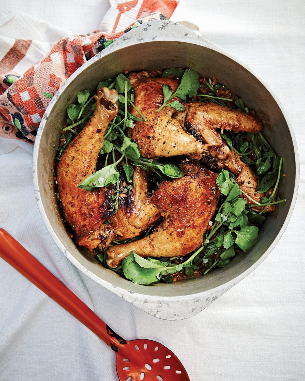 Vinegar-Braised Chicken with Farro and Watercress