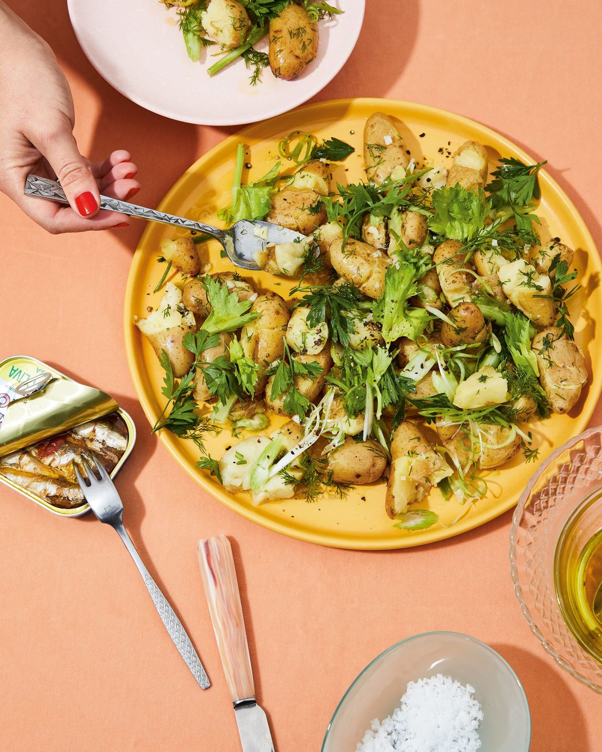 Crushed Baby Potatoes with Scallion, Celery, and Lots of Dill