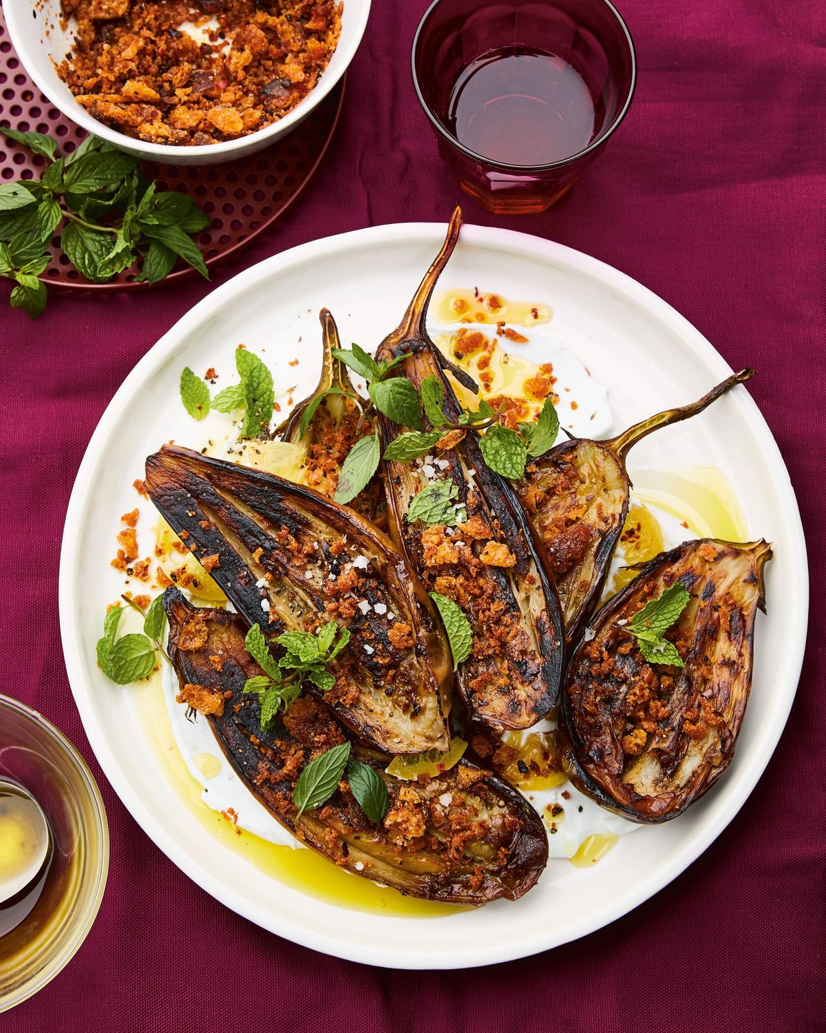 Long-Roasted Eggplant with Garlic, Labne, and Tiny Chile Croutons
