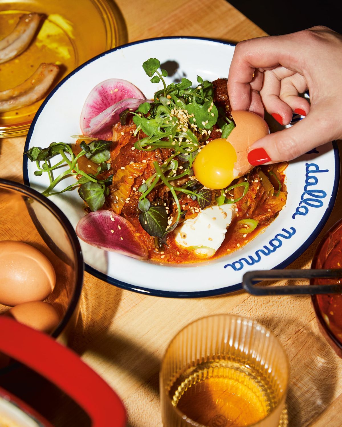 Kimchi-Braised Pork with Sesame and Egg Yolk