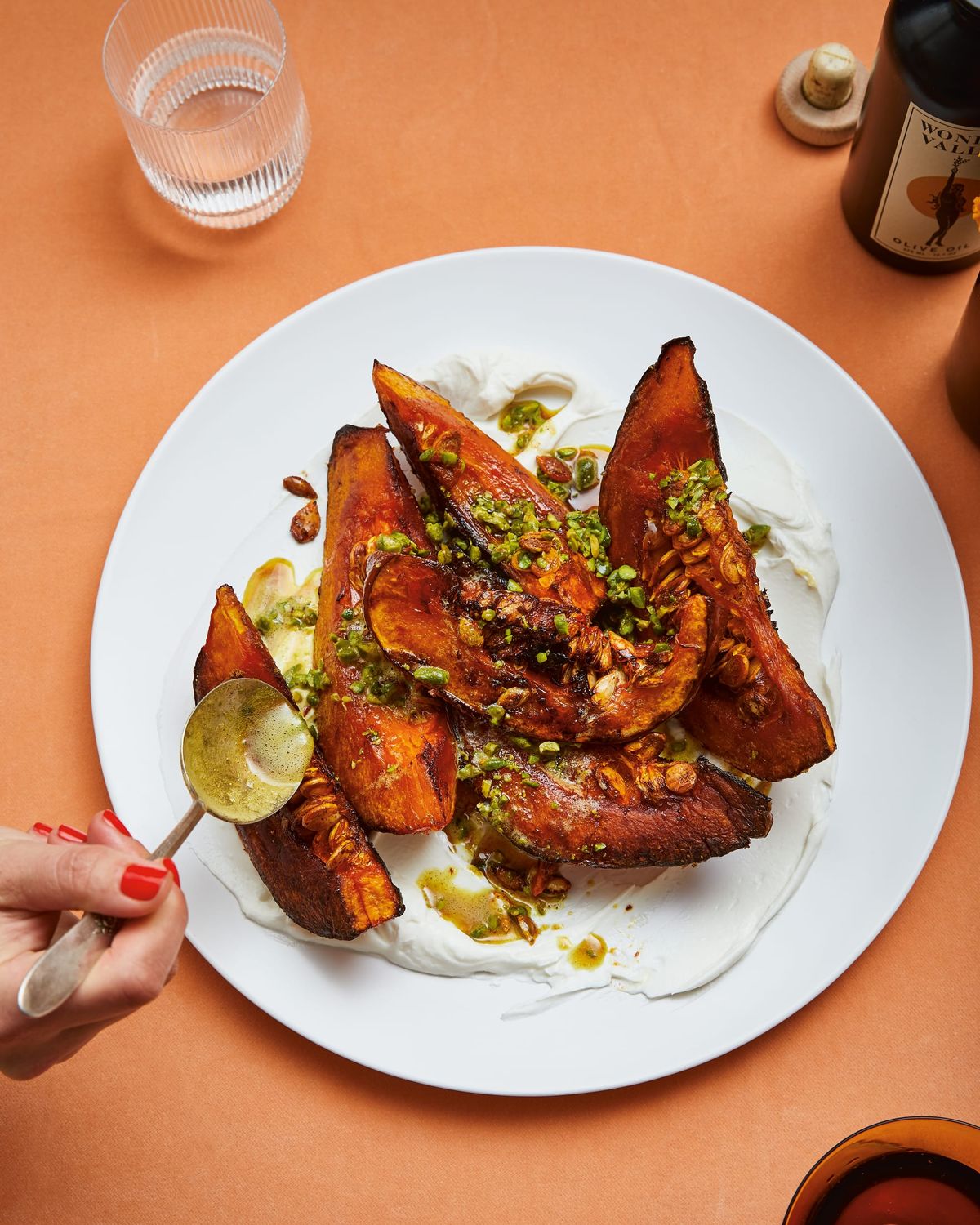 Roasted Squash with Yogurt and Spiced, Buttered Pistachios