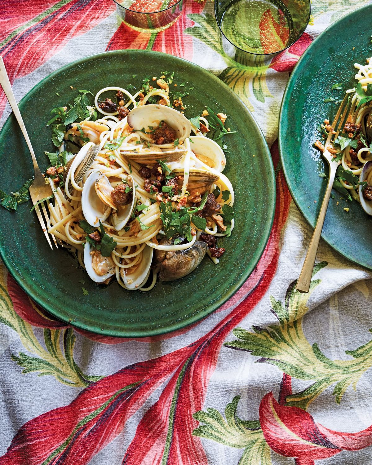 Clam Pasta with Chorizo and Walnuts