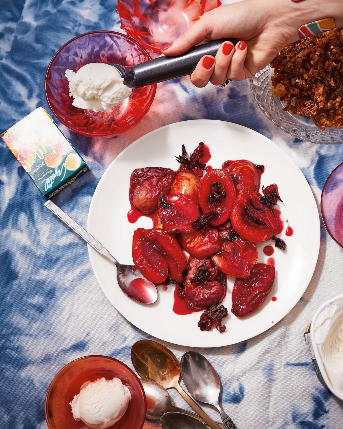 Hibiscus-Roasted Peaches with Brown-Sugar Bread Crumbs