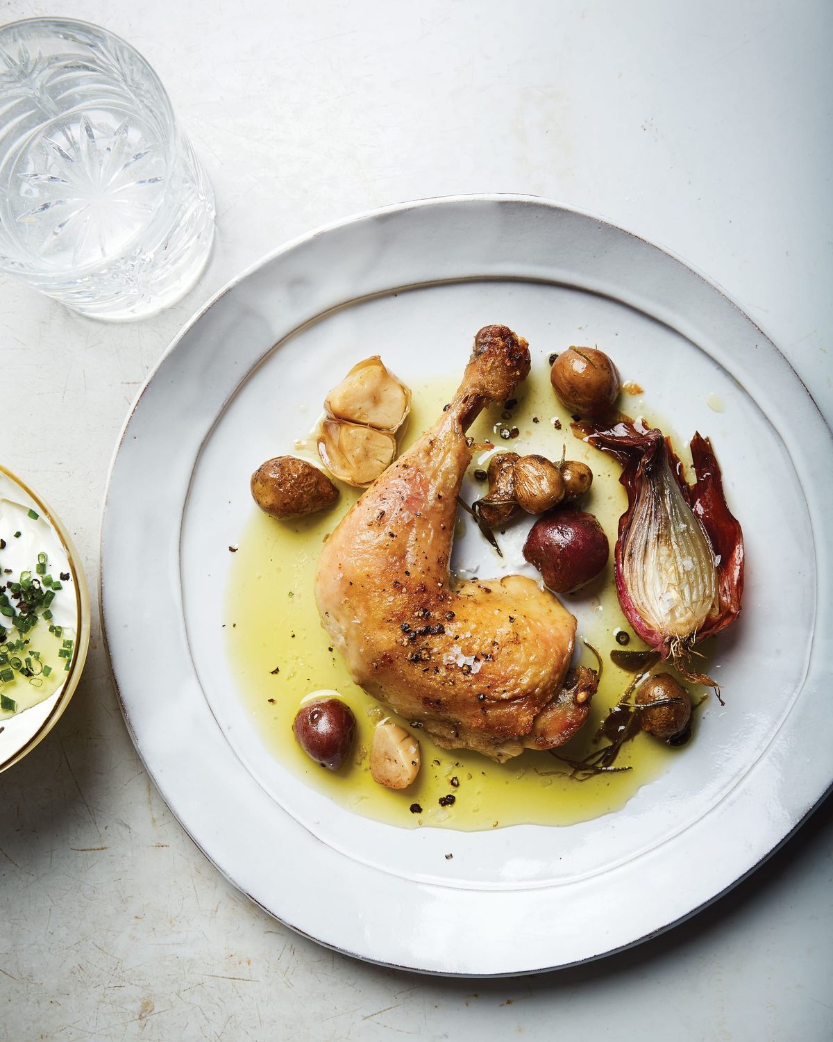Crispy Chicken Legs with Rosemary, Tiny Potatoes, and Sour Cream