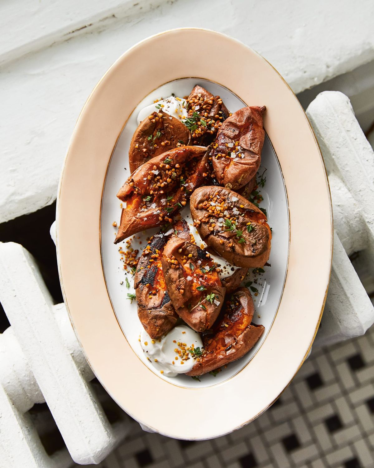Smashed Sweet Potatoes with Maple and Sour Cream