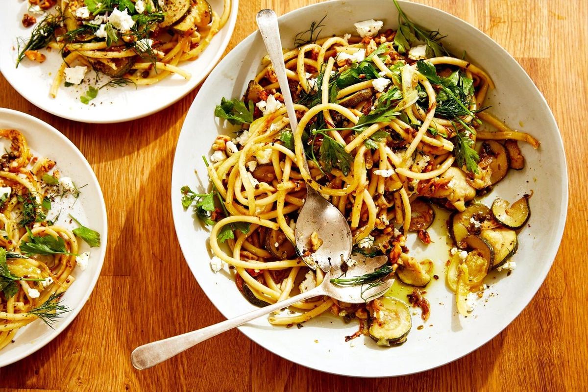 Pasta With Zucchini, Feta and Fried Lemon