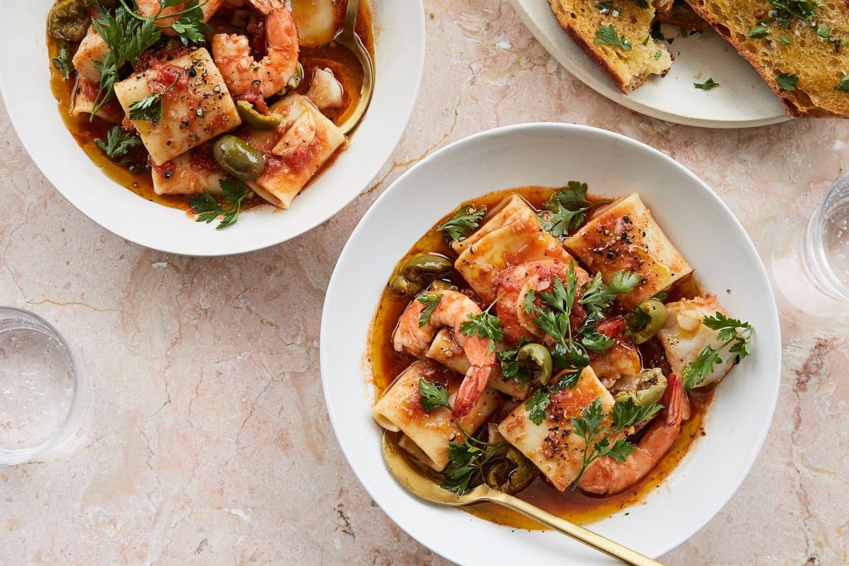 Seafood Pasta With Tomato and Crushed Olives
