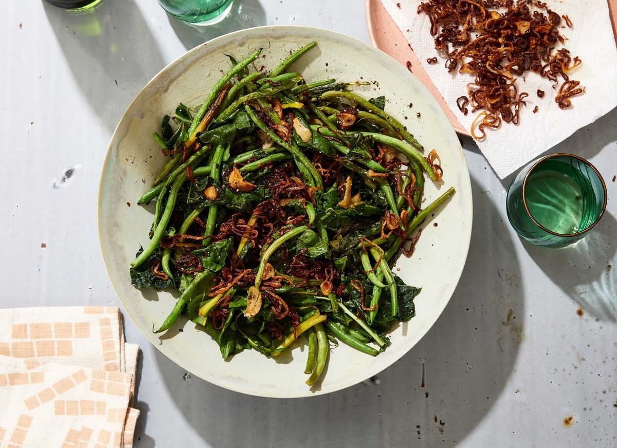Green Beans and Greens With Fried Shallots