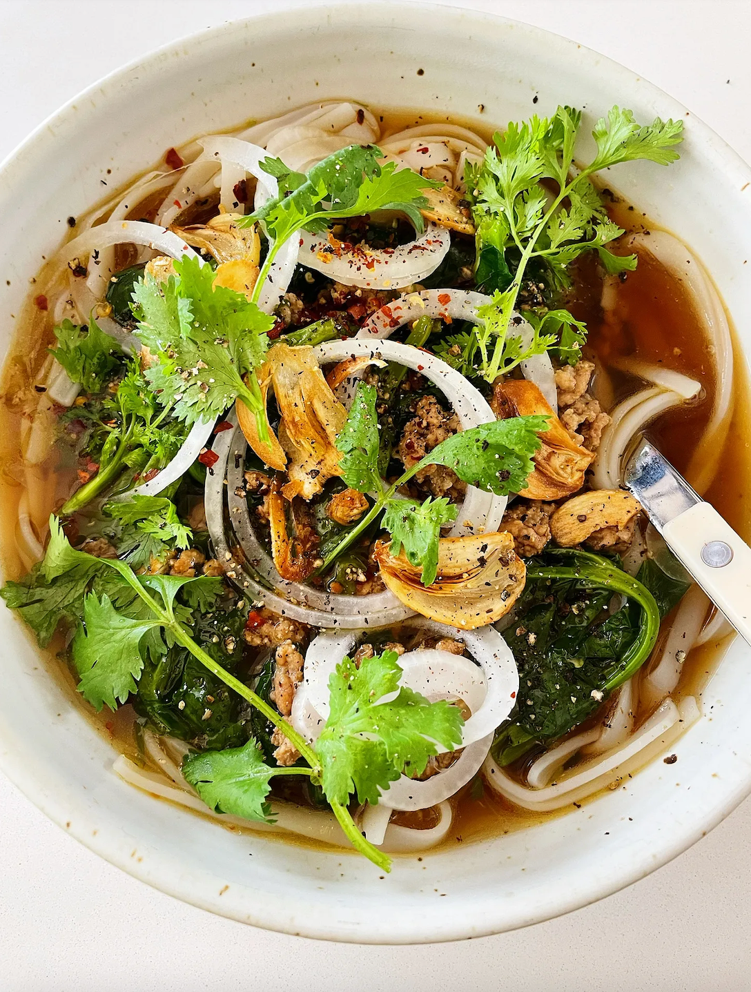 Spicy Pork Noodle Soup with Toasted Garlic
