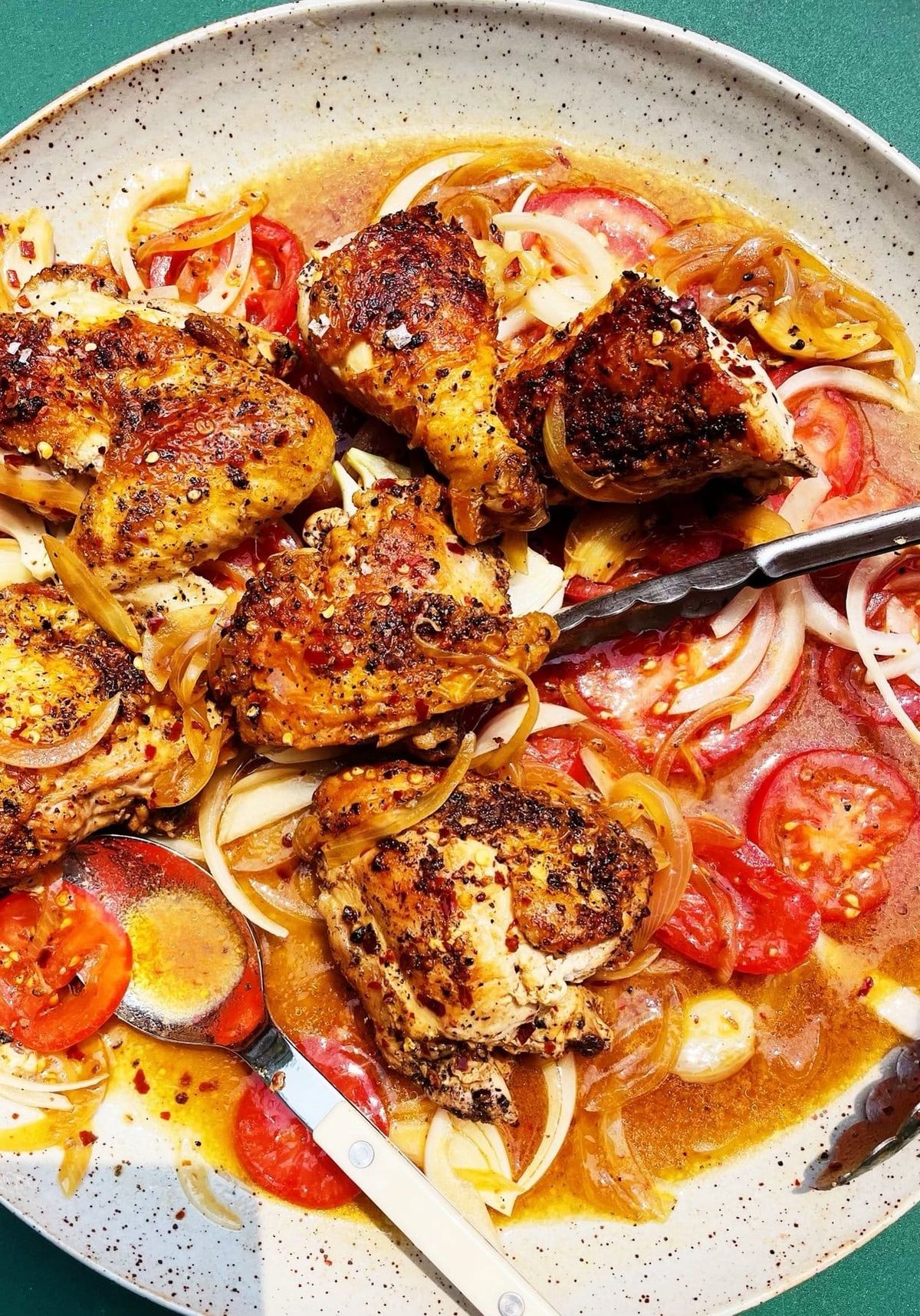 Spicy Vinegar Chicken over Tomatoes