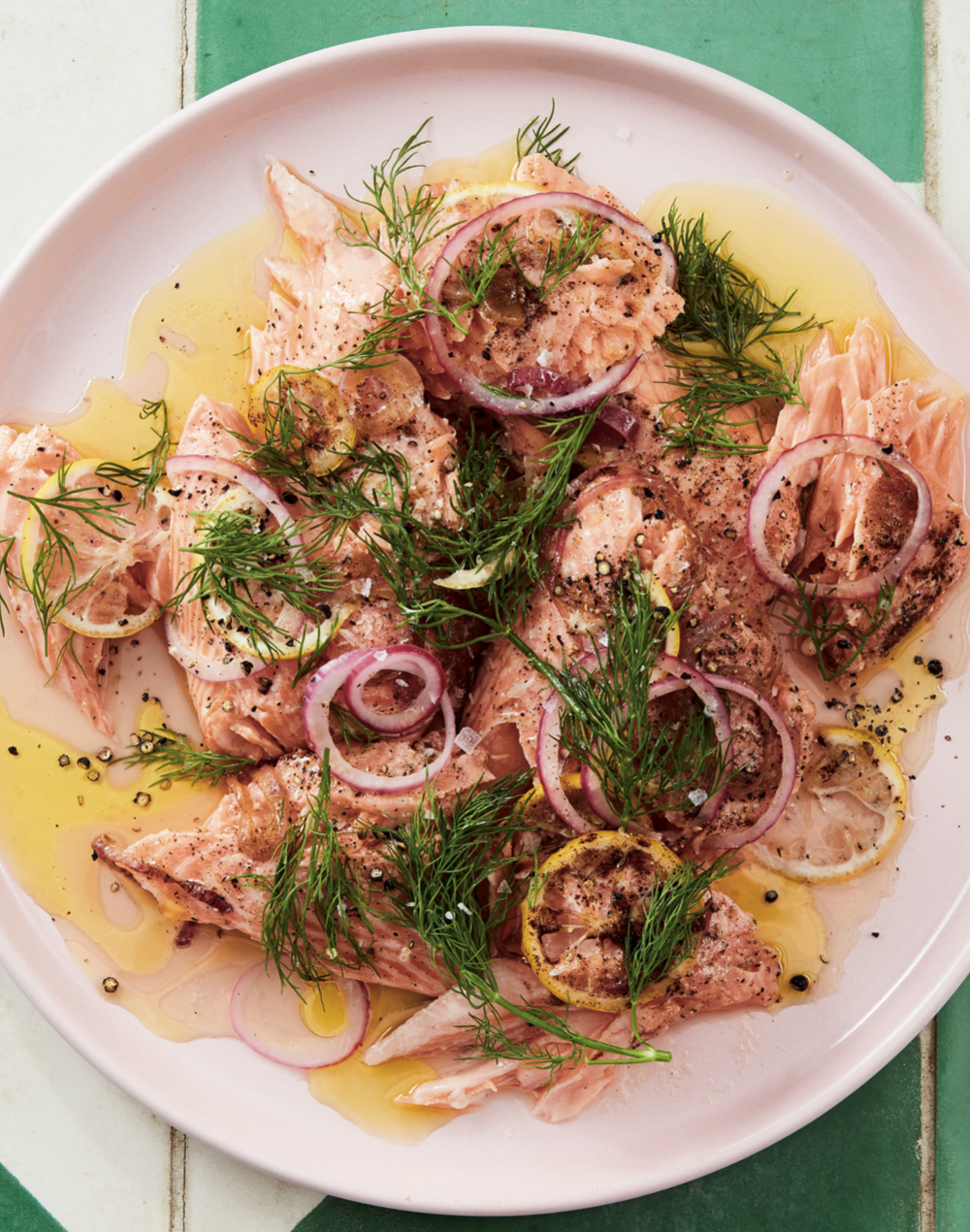 buttered salmon with red onion, capers and dill