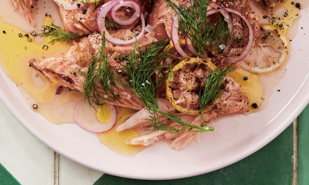 buttered salmon with red onion, capers and dill - Alison Roman