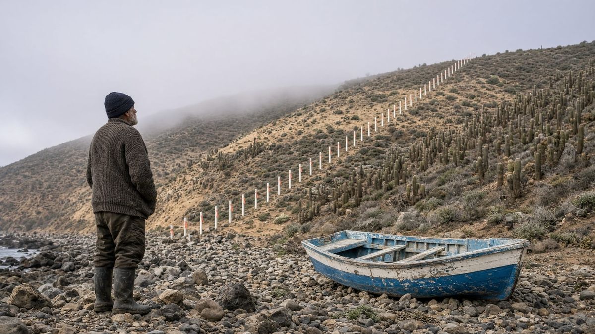Un pescador de espaldas, de pie sobre las rocas junto a un bote de madera, mira una línea recta de estacas blancas con cintas naranjas que sube desde el mar por un cerro seco