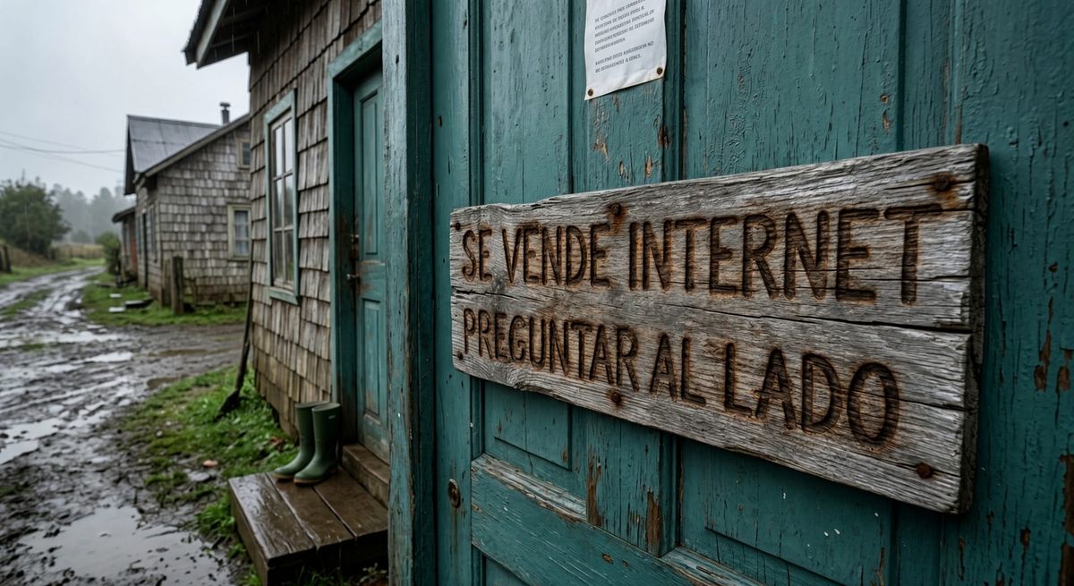 Letrero de madera gastada clavado en la puerta de una casa rural del sur de Chile, con las palabras “Se vende internet, preguntar al lado” grabadas a fuego.