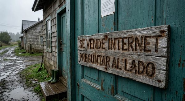Letrero de madera gastada clavado en la puerta de una casa rural del sur de Chile, con las palabras “Se vende internet, preguntar al lado” grabadas a fuego.