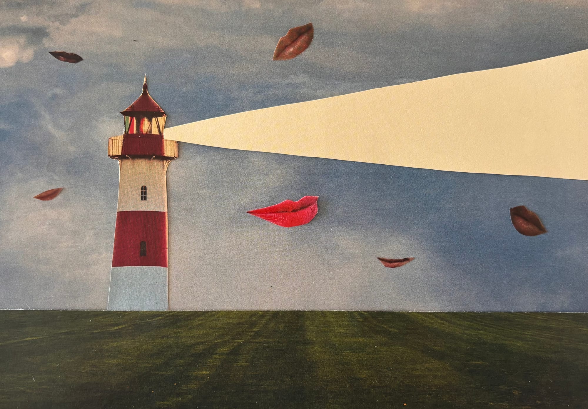 A collage featuring a red and white lighthouse, placed on a meadow, shining light across the blue sky. Cutouts of different mouths are flying around like birds.