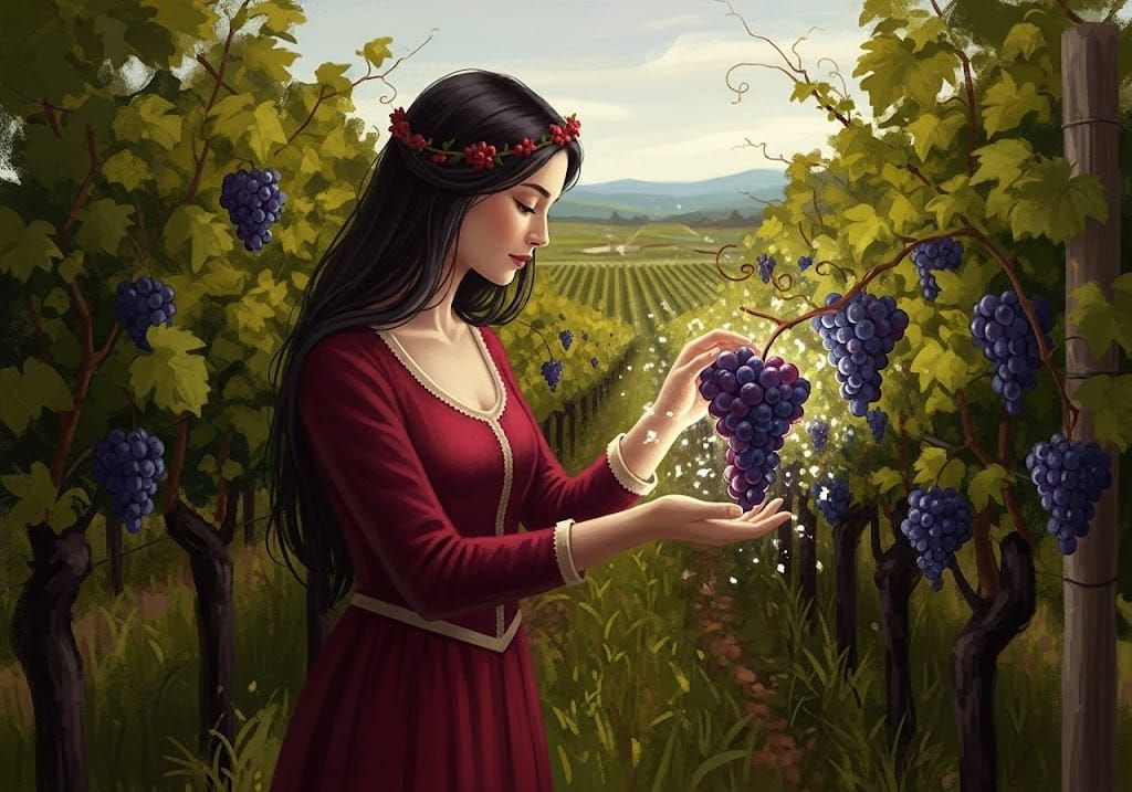 A painterly, whimsical image of a dark-haired woman in a red dress gently touching a bunch of grapes in a vineyard, causing them to glow with a magical light.