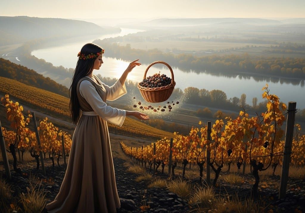 A whimsical painting of a dark-haired goddess standing in a misty Tokaj vineyard. She is magically guiding a floating basket of glowing, shriveled grapes.