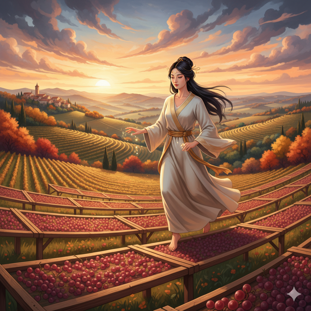 A whimsical painting of a woman in a long gown floating above terraced hills in Valpolicella, Italy. The grapes are laid out on racks for drying.