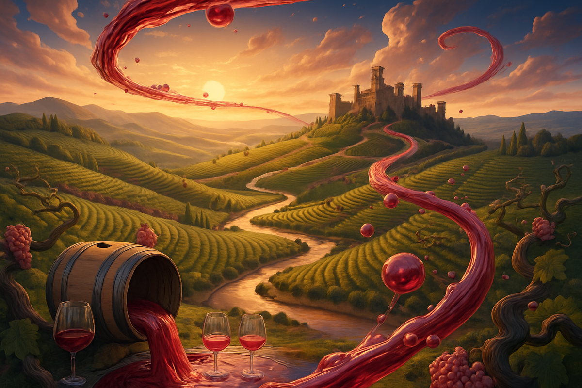 Surreal sunset over rolling Barolo vineyards with a medieval hilltop castle; a wine barrel spills ruby red wine that spirals like a river through terraced vines toward the glowing horizon.