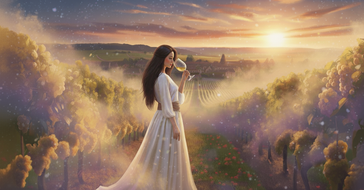 Woman with wine glass standing in the gold-lit vineyards of Puligny-Montrachet at sunset, surrounded by mist and glowing grapes, gazing into the distance.