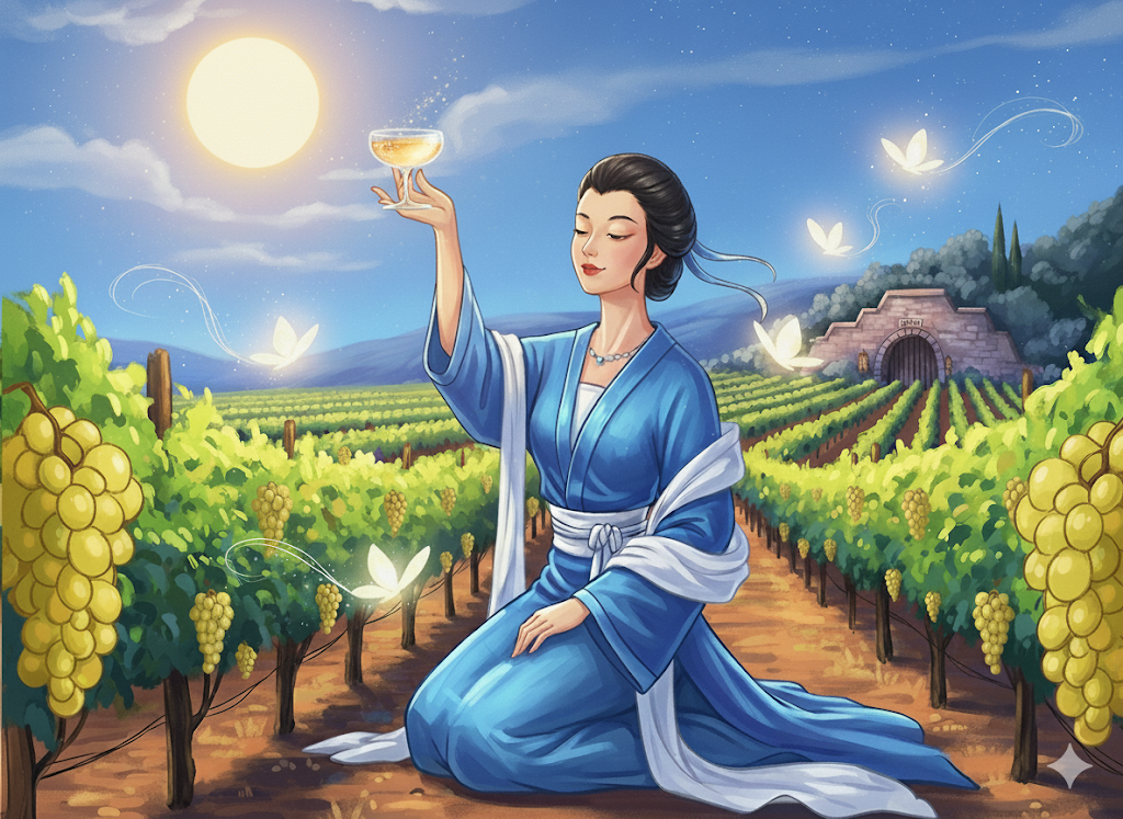 A painterly illustration of Chang'e, the Chinese moon goddess, kneeling in a vineyard with white Chenin Blanc grapes during the daytime, holding a wine glass.