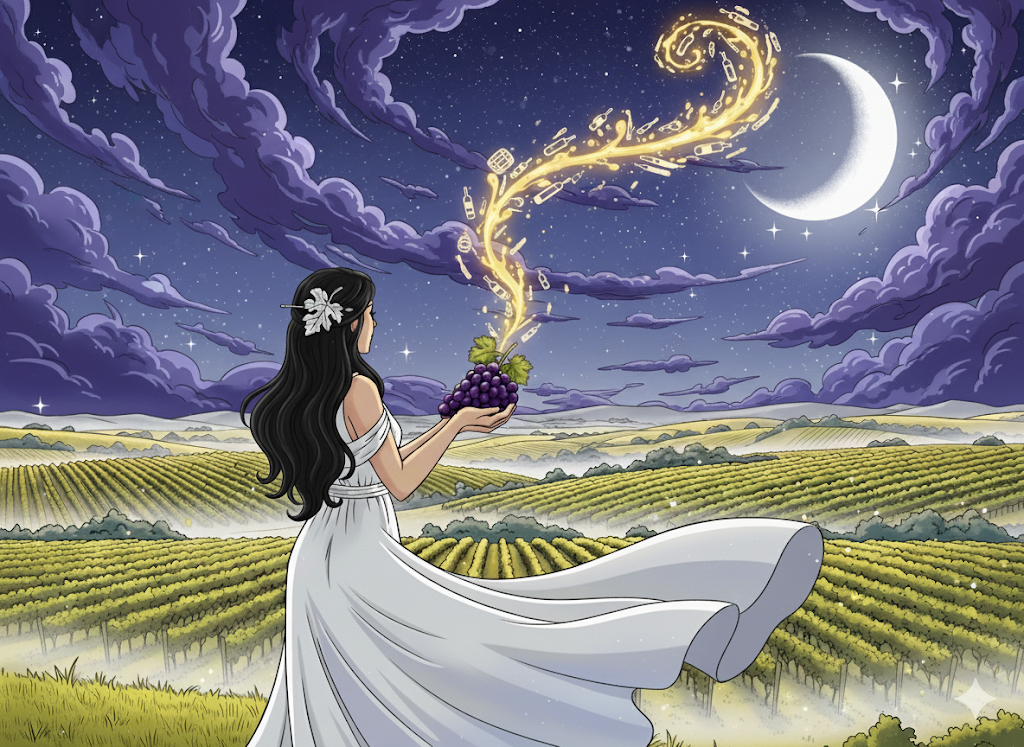 Art of a goddess under a crescent moon, holding glowing grapes in a vibrant vineyard, with a magical golden essence swirling into the starlit sky.