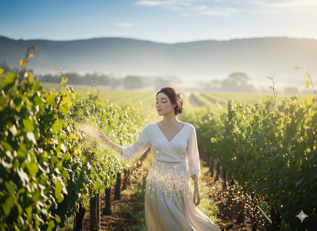 Chang'e, the Chinese goddess of wine, walks with eyes closed through a peaceful Margaret River vineyard, her fingertips grazing grapevines as a soft, ethereal glow surrounds her.